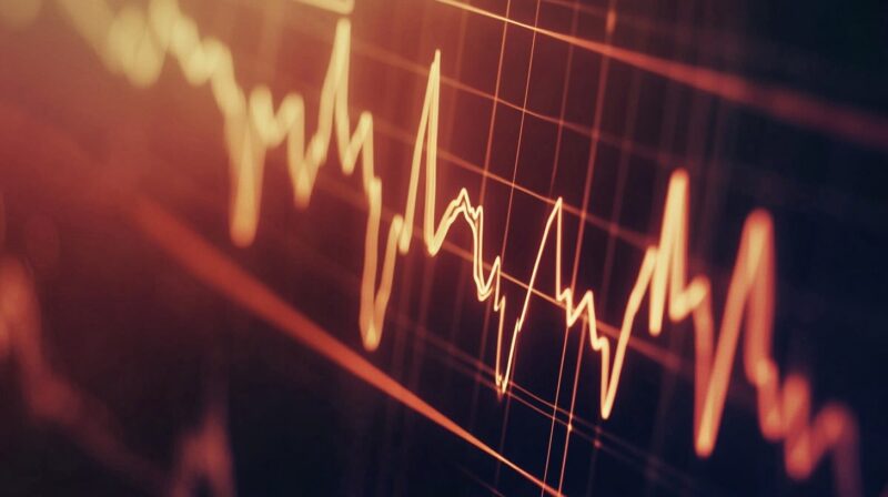 ECG (electrocardiogram) graph displaying sharp peaks and valleys of heart rhythms, glowing in warm orange tones, symbolizing medical monitoring and heart health analysis