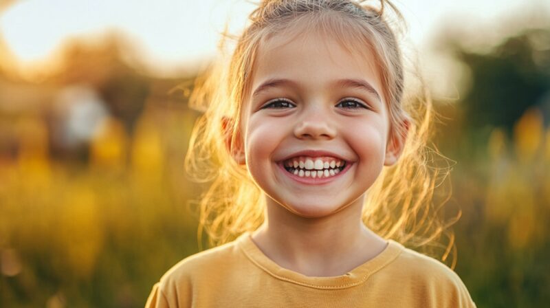 A happy young girl with a big smile, showing healthy white teeth, standing outdoors in golden sunlight