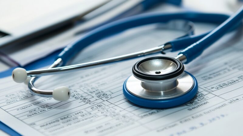 A blue stethoscope resting on medical documents, symbolizing healthcare and medical checkups