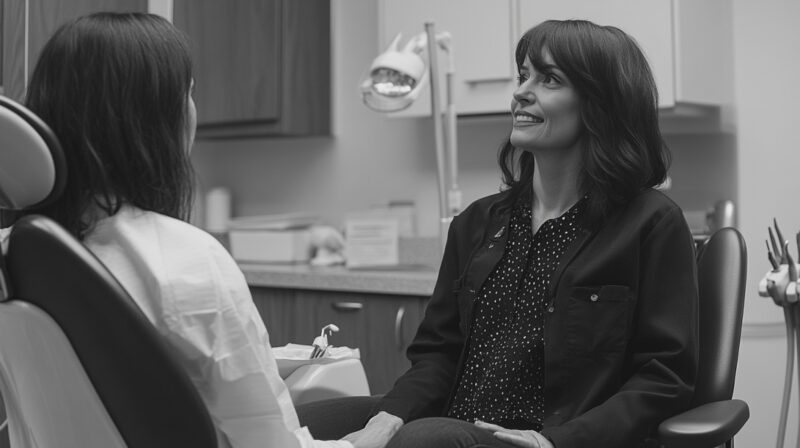 A black-and-white image of a friendly dentist speaking with a patient in a dental office