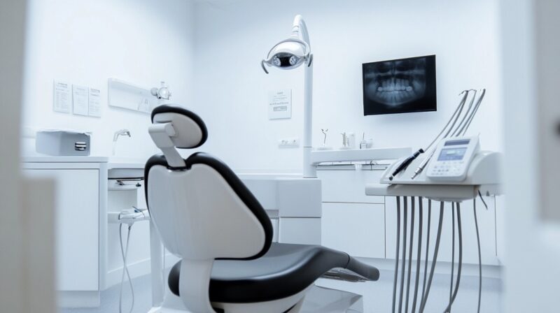 A modern, clean dental office featuring a dental chair, instruments, and an X-ray of teeth displayed on a screen